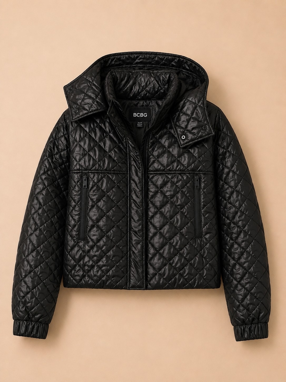 🆕️BCBG Black Quilted Cropped Puffer Jacket Women’s L Hooded Zip Coat